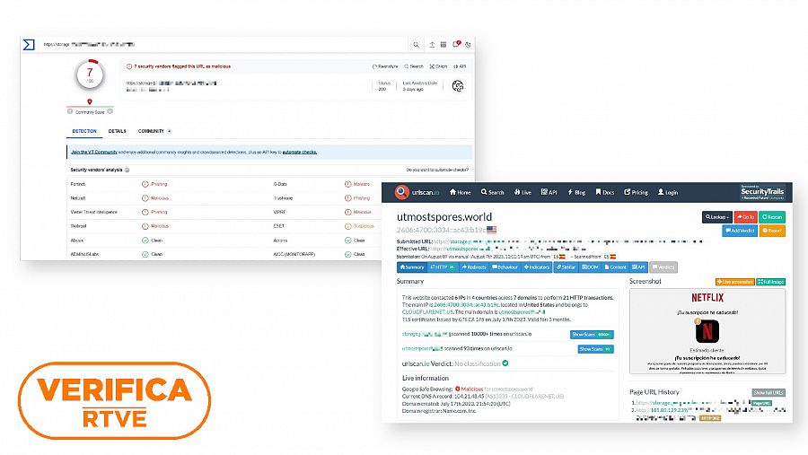 Análisis del enlace fraudulento en VirusTotal y URLScan que alertan de contenido malicioso. Con el sello VerificaRTVE en naranja.