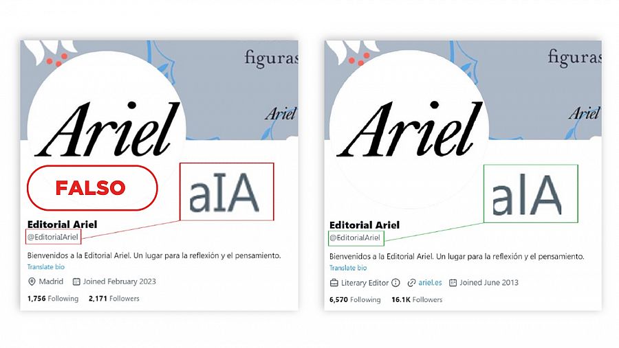 A la izquierda, la cuenta falsa que suplanta a la Editorial Ariel, y a la derecha, la cuenta real de la entidad, con el sello Falso en rojo