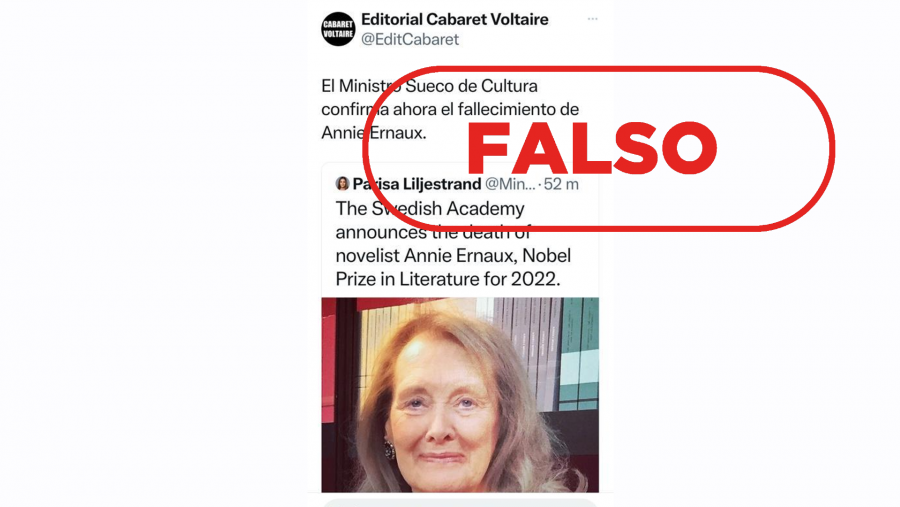 Mensaje de Twitter que suplanta a la editorial Cabaret Voltaire para difundir la falsa muerte de la premio Nobel Annie Ernaux