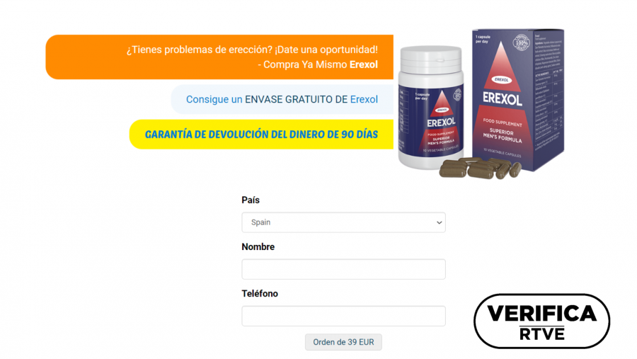 Captura de la página web donde piden datos para comprar el falso remedio Erexol, con el sello VerificaRTVE en negro