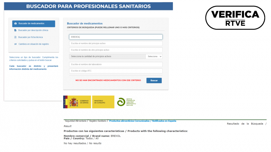 Imagen que muestra en la parte superior que Erexol no aparece como medicamento en el registro de la AEMPS y, en la parte inferior, que no aparece catalogado como suplemento alimenticio en la AESAN, con el sello VerificaRTVE en negro
