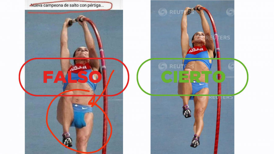 A la izquierda, imagen manipulada que circula en redes. A la derecha, fotografía original de la exatleta rusa Yelena Isinbáyeva durante el Campeonato Mundial de Atletismo en agosto de 2013, con el sello de Falso y Cierto de VerificaRTVE