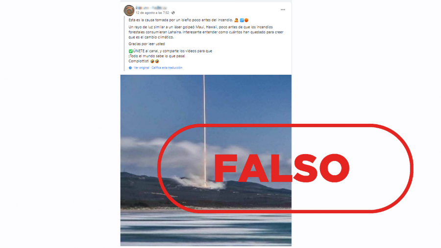 Publicación de Facebook que difunde la falsa idea de que esta imagen está relacionada con el incendio forestal de Maui, con el sello Falso en rojo