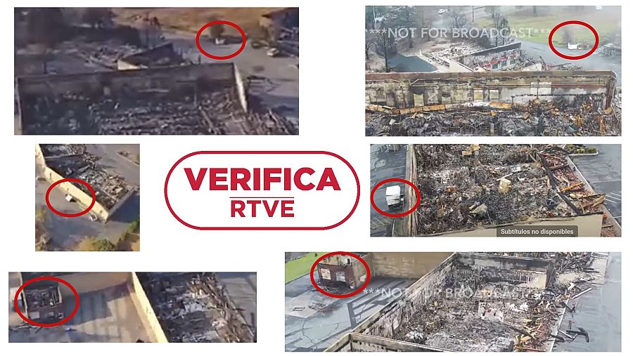 A la izquierda, imágenes del incendio de California que se presentan como si fuera Maui. A la derecha, fotogramas de otro vídeo del fuego en California con elementos coincidentes rodeados de rojo con sello: VerificaRTVE
