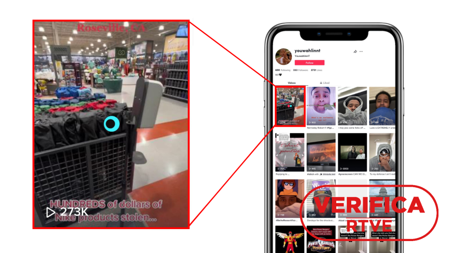 Captura del vídeo difundido en TikTok en marzo de 2023 que muestra a personas abandonando una tienda deportiva. Con sello VerificaRTVE en naranja.
