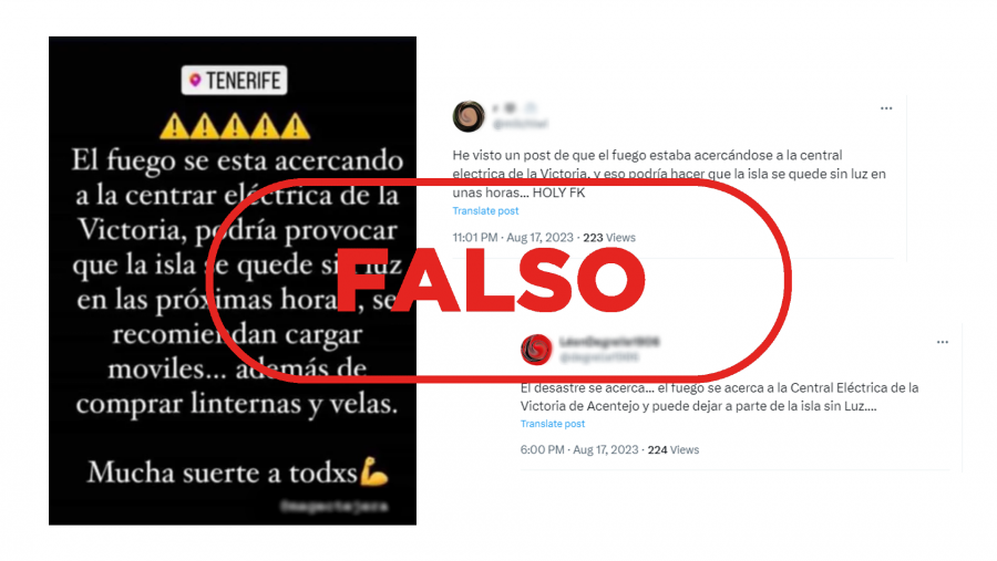 Publicaciones de redes que difunden la falsa idea de que existe una central eléctrica llamada La Victoria en la isla de Tenerife. Con el sello Falso en rojo.