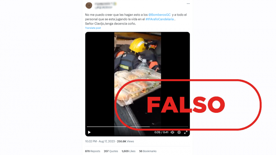 Mensaje de Twitter que difunde un vídeo atribuido falsamente a los bomberos de Gran Canaria, con el sello Falso en rojo