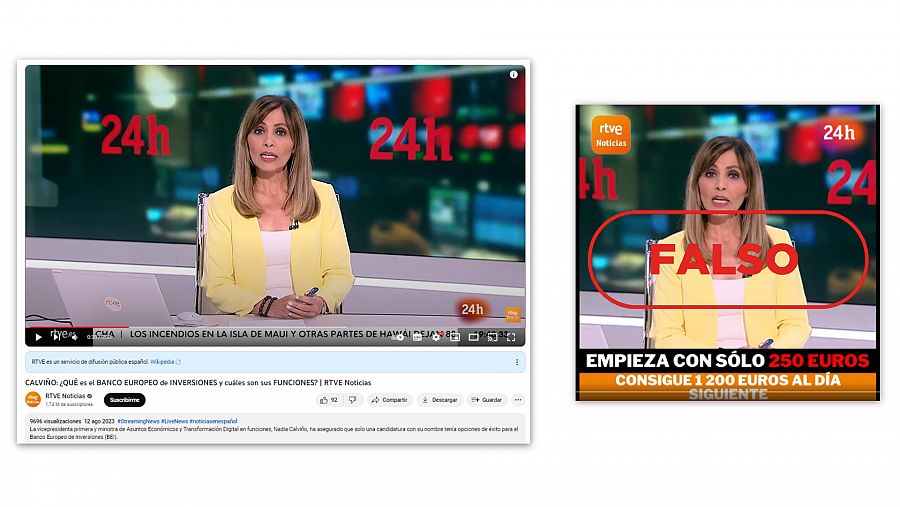 A la izquierda, la captura de la emisión real del Canal 24 horas de RTVE del día 12 de agosto de 2023 presentada por la periodista Ángeles Bravo. A la derecha, la captura del vídeo manipulado con el sello FALSO en rojo.