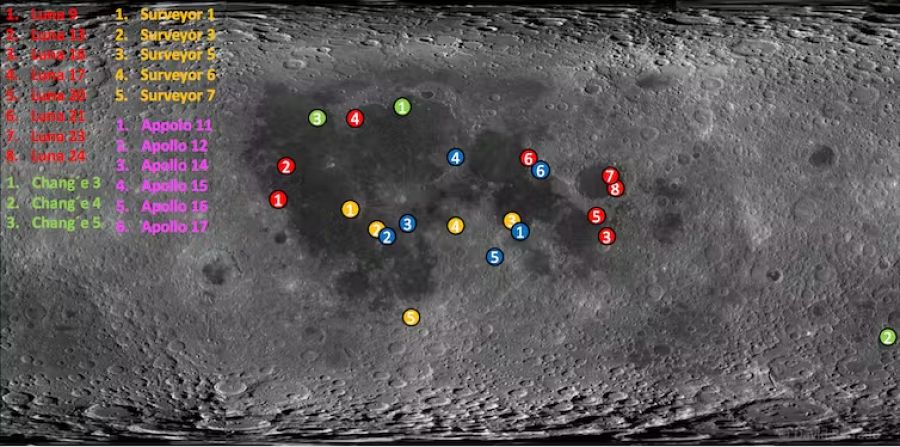Superficie lunar con la localización de las diferentes misiones que han tenido éxito. Casi todas se concentran en zona central, que corresponde a la cara visible, lejos de los polos