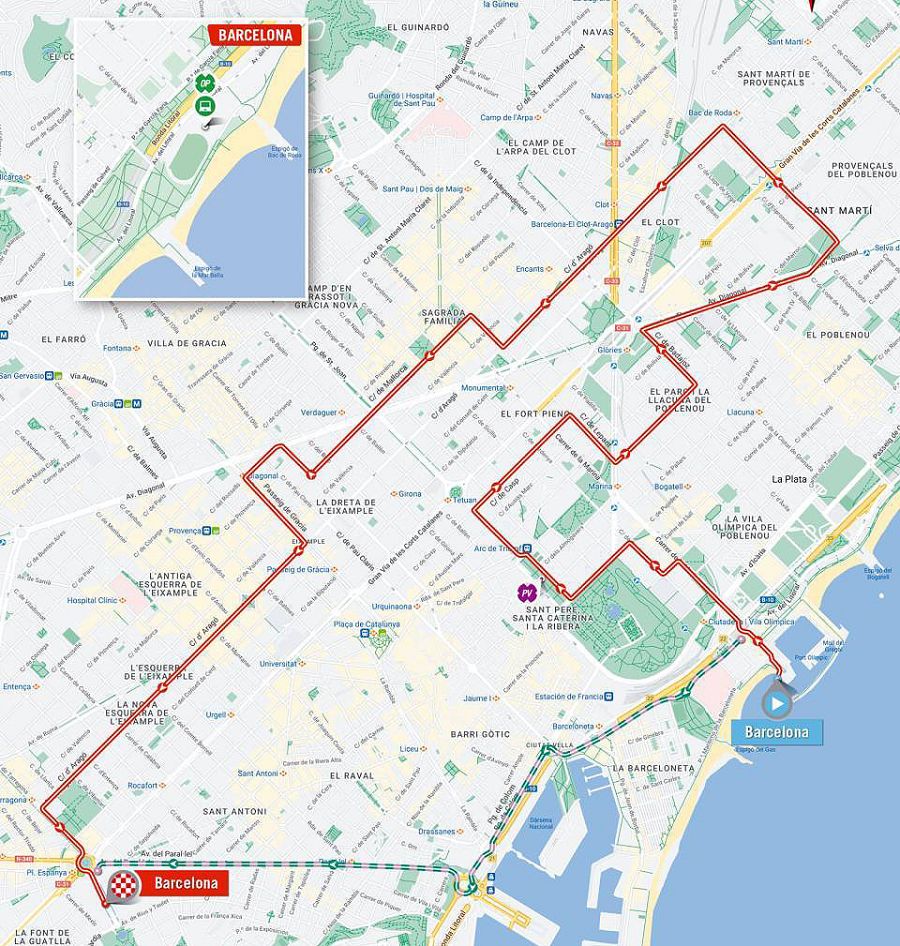 Mapa del recorrido de la etapa 1 de la Vuelta a España 2023: Barcelona-Barcelona (CRE).