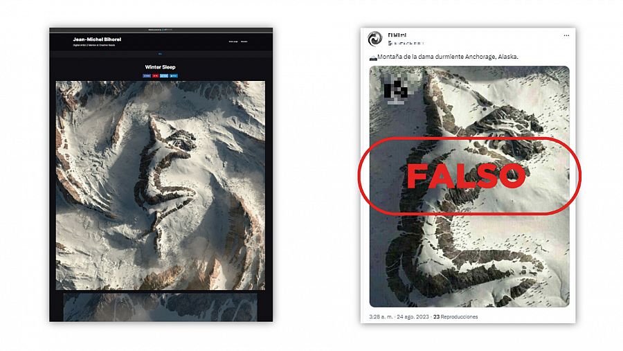 A la izquierda, la imagen publicada en la página web del artista Jean-Michel Bihorel. A la derecha, el mensaje que difunde la creación digital como si se tratara de una imagen real, con el sello FALSO en rojo.