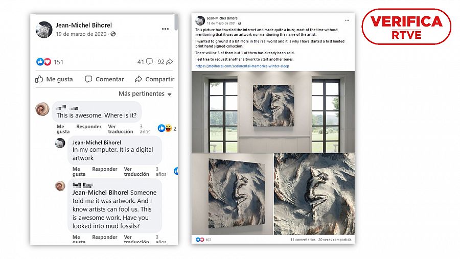 Capturas de los mensajes que el artista ha publicado en su perfil de Facebook asegurando que la imagen de la silueta de una mujer en una montaña nevada es una obra digital artística. Con el sello VerificaRTVE en rojo.