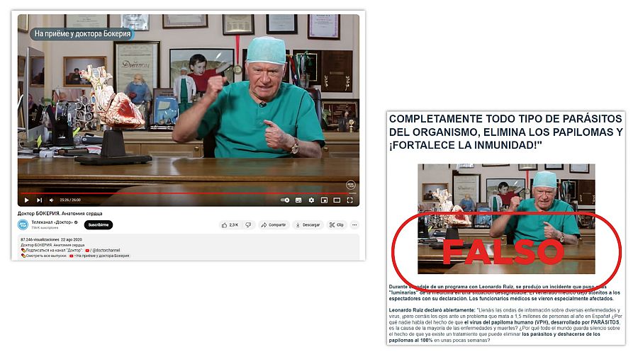 A la izquierda, captura del vídeo original del cirujano Leo Bokeriya. A la derecha, la imagen del bulo que asegura que este médico es Leonardo Ruiz y recomienda Nemanex, con el sello Falso en rojo.