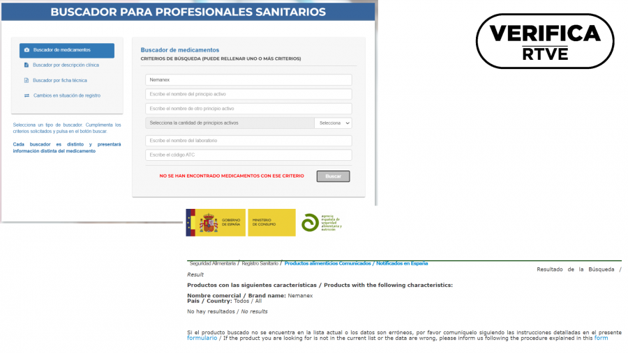 Imagen que muestra en la parte superior que Nemanex no aparece como medicamento en el registro de la AEMPS y, en la parte inferior, que no aparece catalogado como suplemento alimenticio en la AESAN. Con el sello VerificaRTVE en negro.