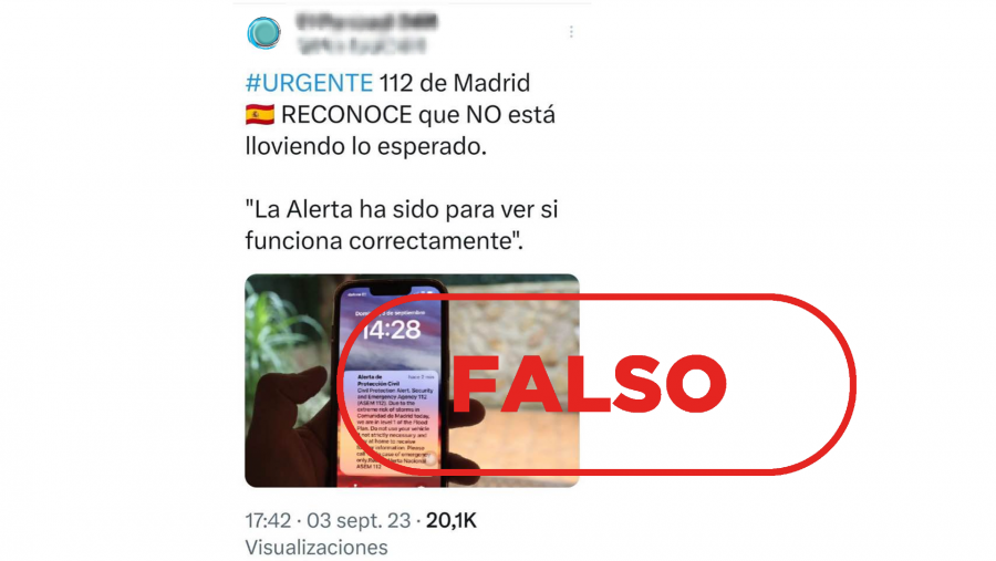Mensaje que atribuye declaraciones falsas al 112 de Madrid con el sello FALSO en rojo.
