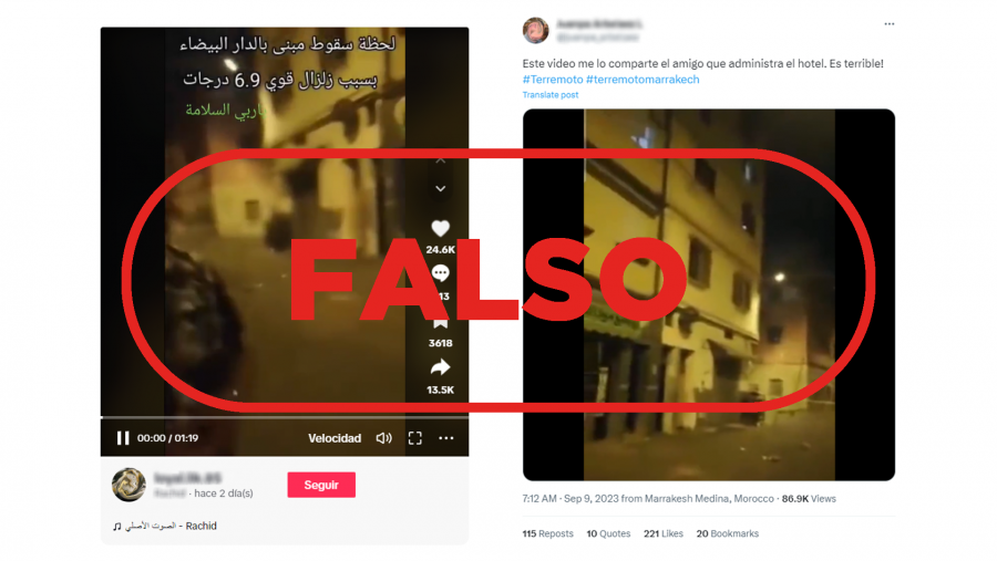 Mensajes que difunden el vídeo antiguo y lo presentan como si correspondiera al reciente terremoto en Marruecos. Con sello Falso en rojo.
