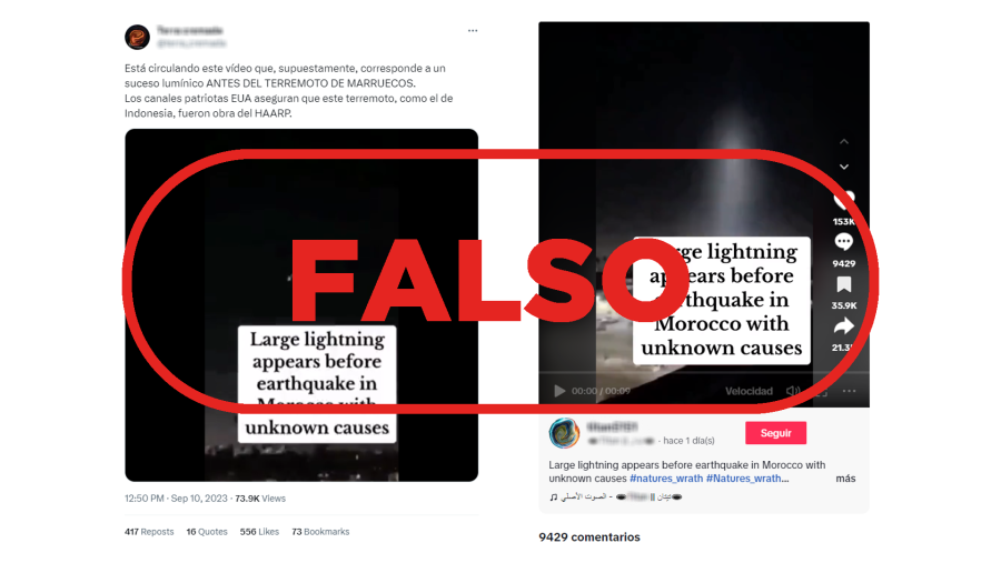 Mensajes que difunden un vídeo antiguo grabado en Los Ángeles (EE.UU.) en 2020 y lo presentan como si fuera actual y registrado en Marruecos. Con sello Falso en rojo.
