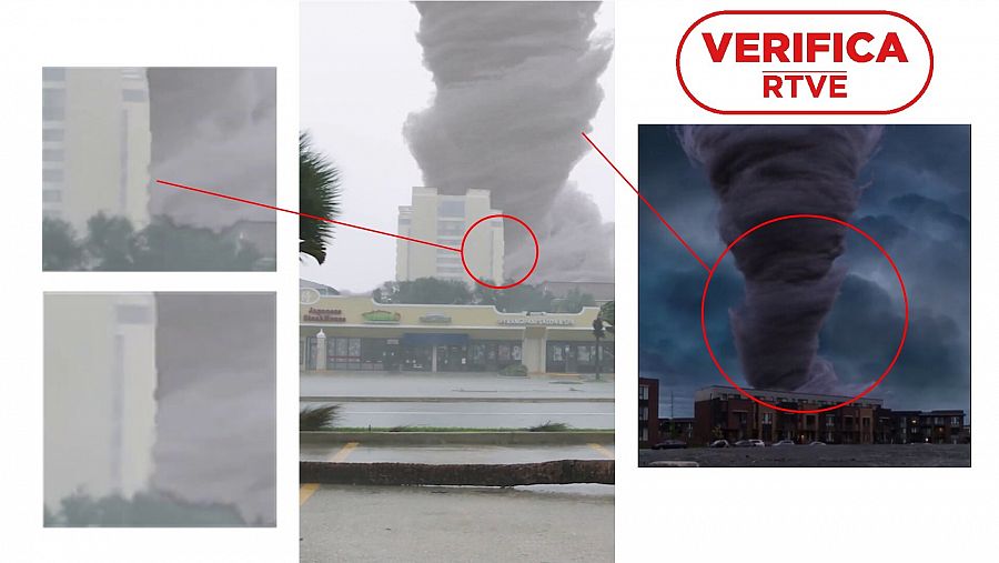 A la izquierda, ampliación de una captura del vídeo en la que se aprecian imperfecciones en el borde del edificio. A la derecha, la misma figura del tornado ya ha sido utilizada en otras creaciones digitales. Con sello VerificaRTVE en rojo.