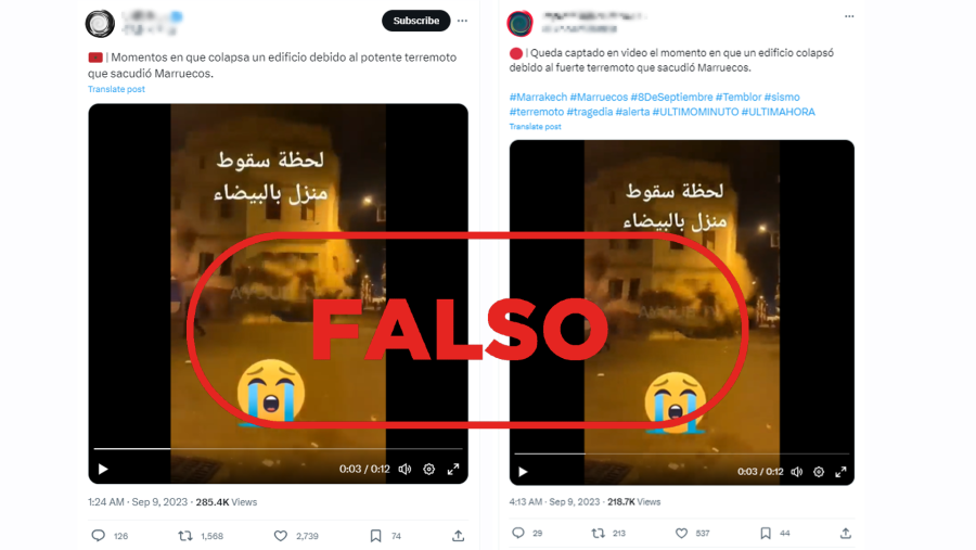 Mensajes de X que difunden un vídeo antiguo del derrumbe de un edificio en Casablanca y lo presentan como si correspondiera al reciente seísmo en Marruecos, con el sello Falso de VerificaRTVE en rojo