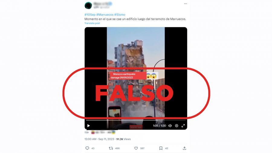 Mensaje que difunde un vídeo antiguo del desplome de un edificio en Turquía y lo presenta como si correspondiera al reciente terremoto en Marruecos, con el sello de Falso de VerificaRTVE en rojo