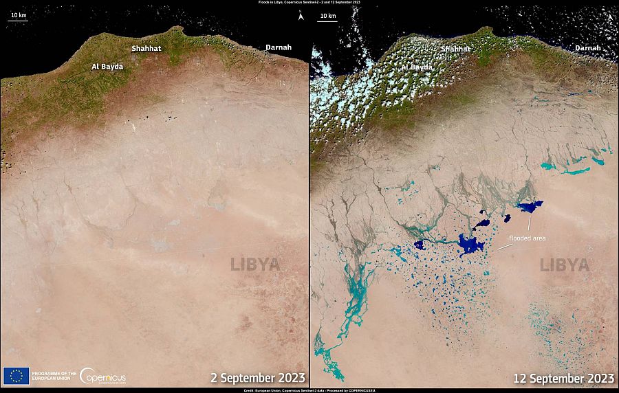 Imágenes del antes y el después del desierto de Libia con áreas inundadas tras el paso del ciclón Daniel