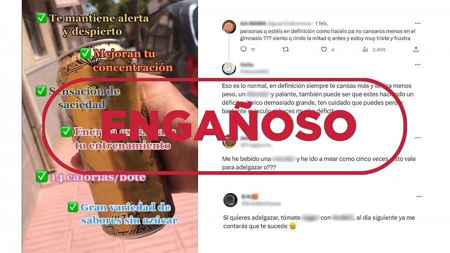 Mensajes engañosos sobre bebidas energéticas en redes sociales, con el sello Engañoso