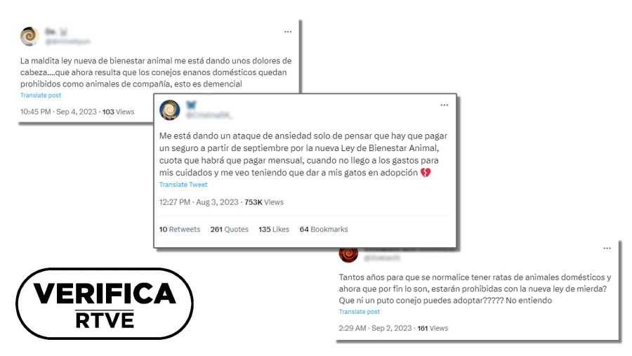 Mensajes en redes sociales que difunden las falsas ideas de que los gatos también tienen que tener seguro o que los conejos y las ratas ya no son considerados animales de compañía, con sello VerificaRTVE en negro.