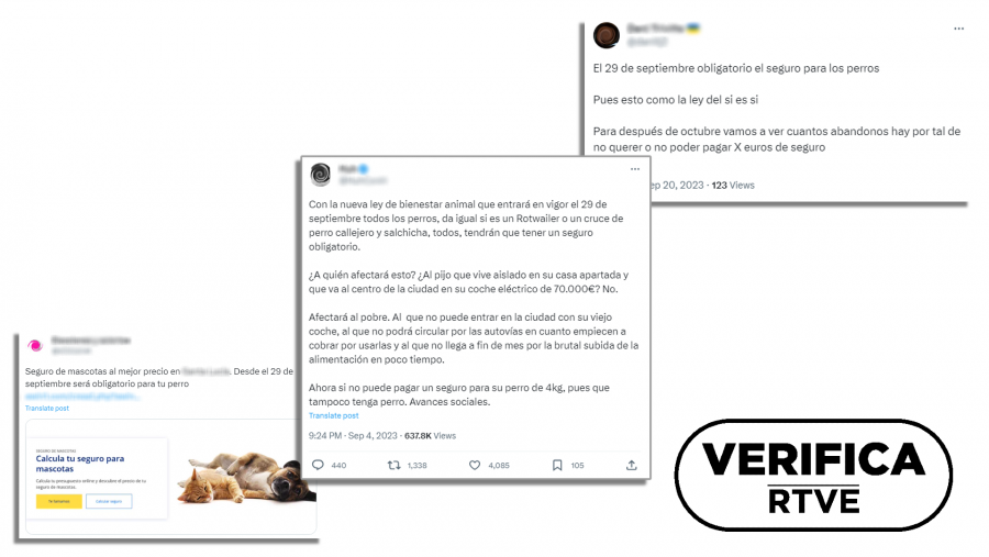 Mensajes en redes sociales que difunden la falsa idea de que a partir del 29 de septiembre es obligatorio el seguro para perros, con sello VerificaRTVE en negro.