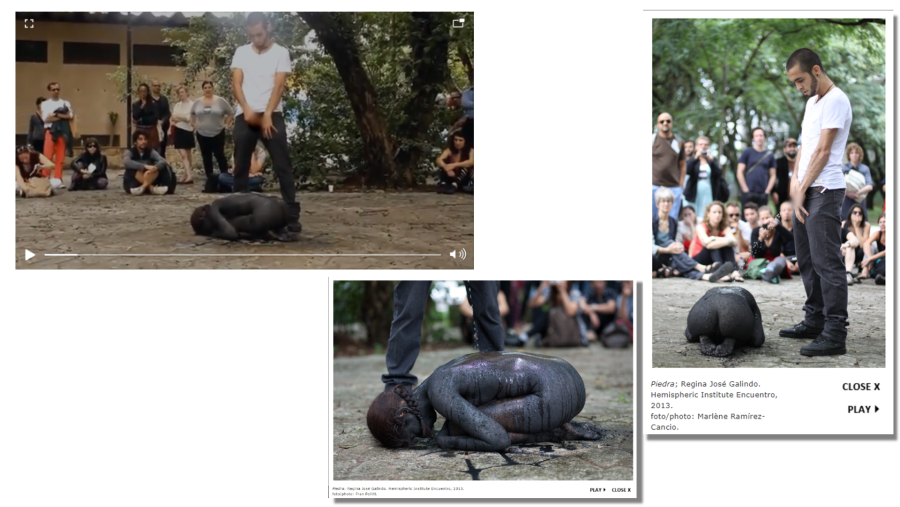 A la izquierda, captura del vídeo compartido en redes sociales. A la derecha, fotografías publicadas en la página web del Instituto Hemisférico de la presentación en 2013 de la obra ¿Piedra¿