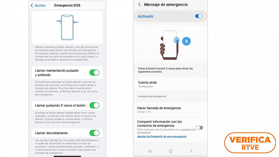 Configuración de las llamadas de emergencia automatizadas en un iPhone, a la izquierda, y en un teléfono Android, a la derecha. Con el sello VerificaRTVE en naranja