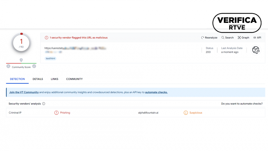 La dirección URL de la página web que difunde este falso contenido se muestra como phishing en la herramienta de análisis web Virus Total, con el sello de VerificaRTVE en negro