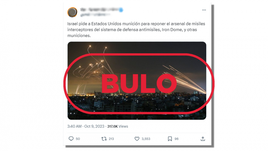 Mensaje de X que difunde una fotografía antigua tomada en Gaza en 2021 y la presentan como si correspondiera al conflicto actual entre Israel y Palestina, con el sello Bulo de VerificaRTVE en rojo