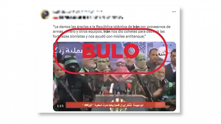 Mensaje de X que difunde un vídeo de 2014 de un discurso de Hamás como si fuera actual, con el sello bulo en rojo.