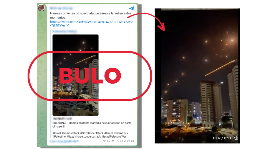 Mensaje de Telegram que difunde un vídeo antiguo de 2021 y lo presentan como si hubiese sido grabado en los últimos días en Israel, con el sello Bulo de VerificaRTVE en rojo