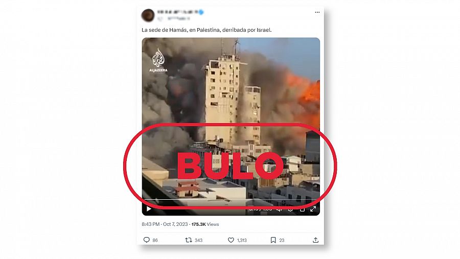 Mensaje de X que difunde un vídeo de un ataque aéreo israelí en Gaza el 12 de mayo de 2021 como si fuera actual, con el sello bulo en rojo.