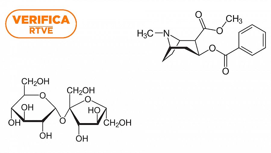 A la izquierda, la estructura química de la sacarosa (azúcar). A la derecha la estructura química de la cocaína. Con el sello VerificaRTVE en color naranja.