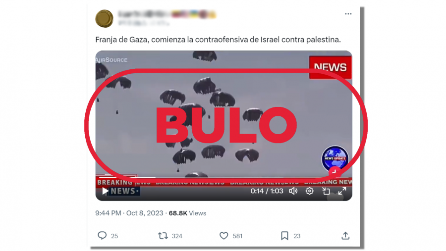 Mensaje de X que difunde un vídeo antiguo con la falsa idea de que son paracaidistas israelíes en Gaza, con sello Bulo en rojo de VerificaRTVE.