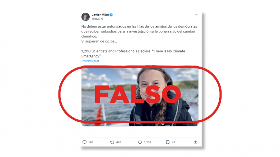 Captura de una publicación de la cuenta oficial de Javier Milei en X que difunde la falsa idea de que los científicos niegan el cambio climático, con sello Falso en rojo de VerificaRTVE.