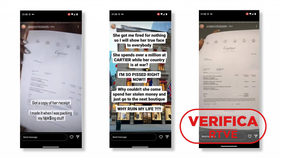 Capturas del vídeo que circula asegurando que la esposa de Zelenski se gastó ¿más de un millón¿ en una tienda de Cartier durante su visita a Nueva York. Con el sello VerificaRTVE en color rojo