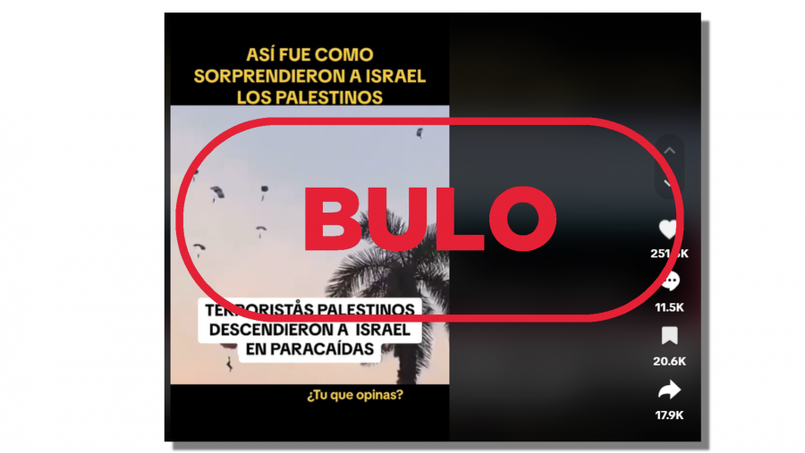 Vídeo de TikTok que difunde un vídeo que no guarda relación con la guerra entre Israel y Hamás, con sello Bulo en rojo de VerificaRTVE.