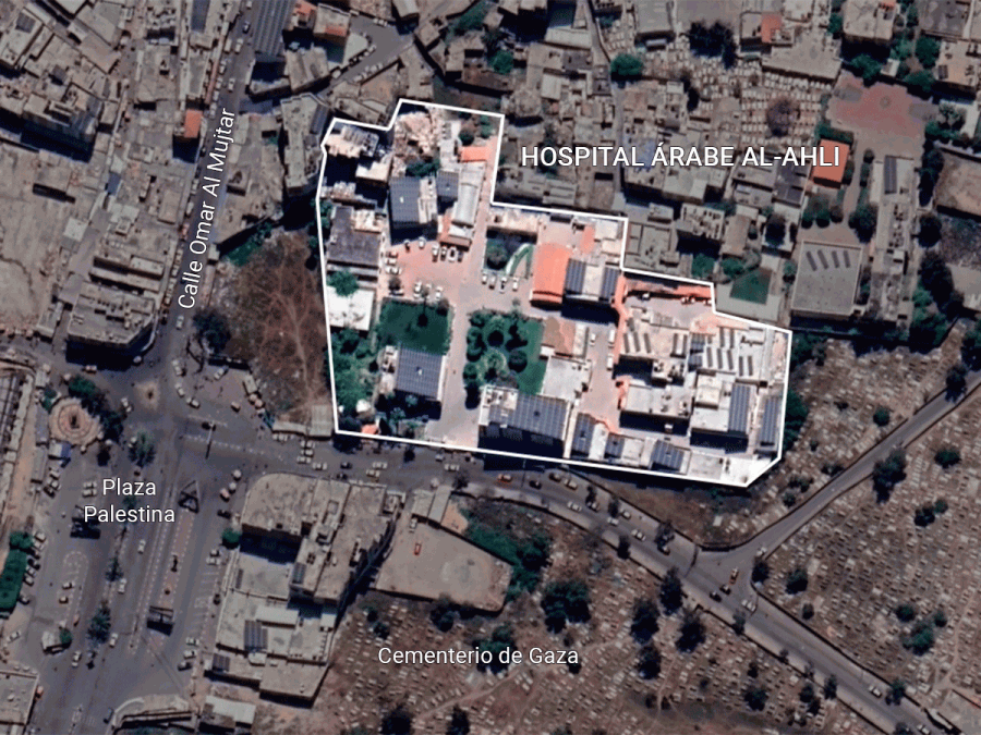 Vista satélite del hospital Al-Ahli antes de la explosión