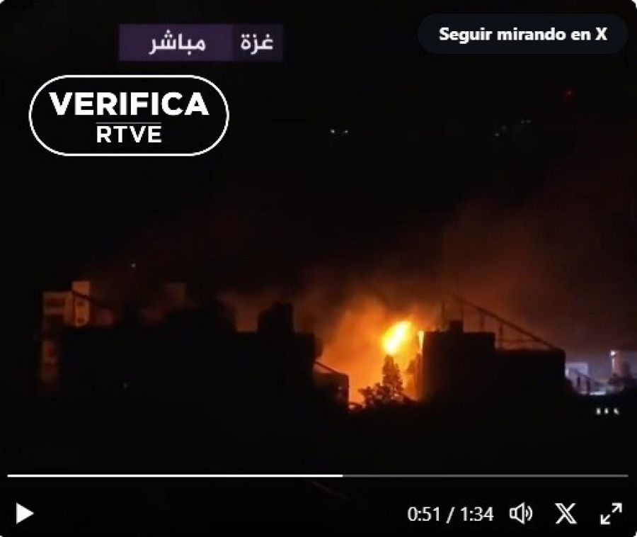 Detalle del incendio registrado en el hospital tras el impacto. Con el sello VerificaRTVE en rojo.
