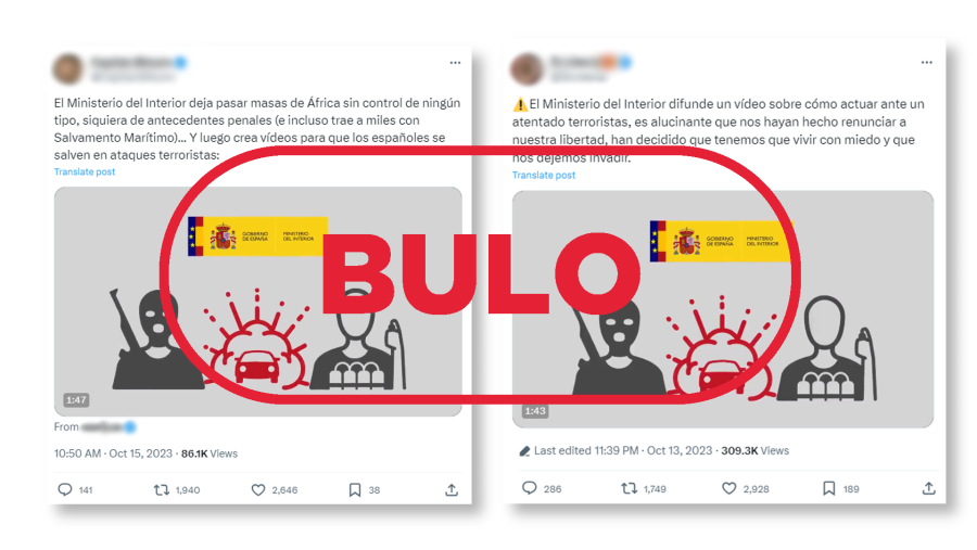 Mensajes de X que difunden la falsa idea de que este vídeo es reciente y que ha sido creado por el actual Ministerio de Interior, con el sello Bulo en rojo de VerificaRTVE.
