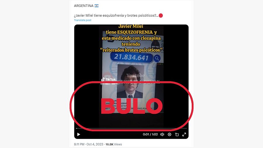 Mensaje en redes que difunde la falsa idea de que Javier Milei tiene esquizofrenia. Con el sello bulo en rojo