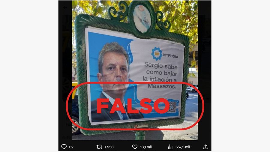 Mensaje de redes que difunde un cartel manipulado de Sergio Massa. Con el sello falso en rojo.