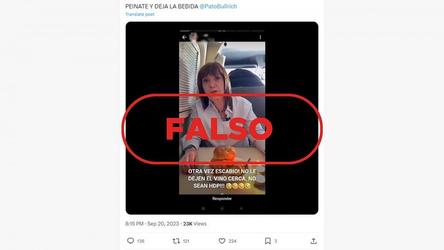 Mensaje que difunde un vídeo manipulado para transmitir la falsa idea de que Patricia Bullrich está borracha. Con el sello falso en rojo.