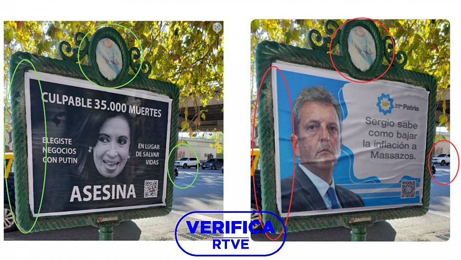 A la izquierda, fotografía real del cartel que acusaba a Cristina Fernández de Kirchner de 