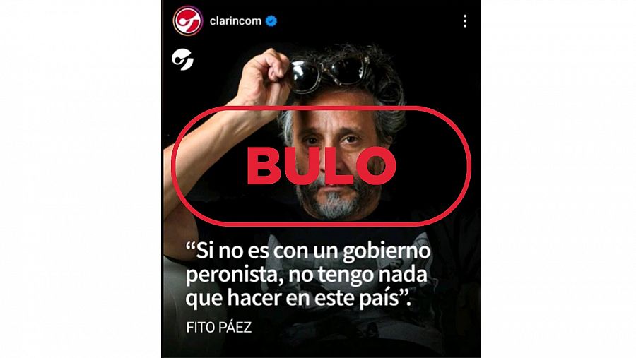 Mensaje que suplanta a Clarín para atribuir declaraciones falsas a Fito Páez, con el sello Bulo