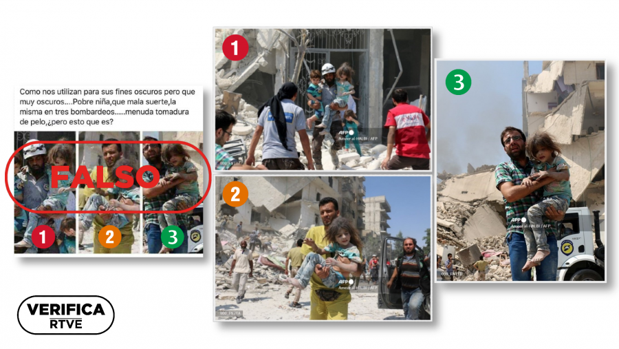 A la izquierda, el bulo de que las tres imágenes muestran distintos rescates de una niña palestina. A la derecha, las tres fotografías originales de AFP publicadas el 27 de agosto de 2016 y muestran el mismo bombardeo en la ciudad siria de Alepo.