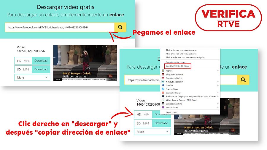 El tercer paso para guardar un vídeo en WayBack Machine. Con el sello VerificaRTVE en rojo.